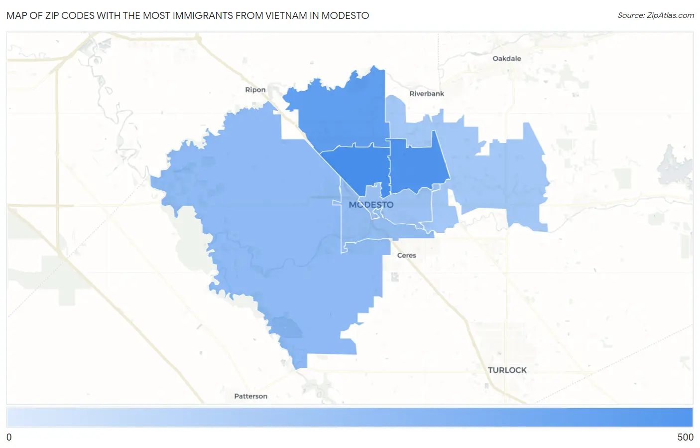 Zip Codes with the Most Immigrants from Vietnam in Modesto Map