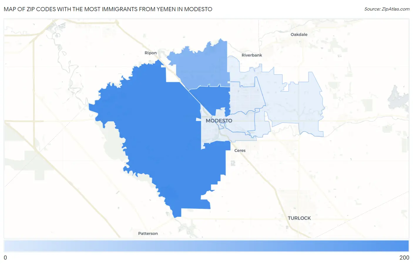 Zip Codes with the Most Immigrants from Yemen in Modesto Map