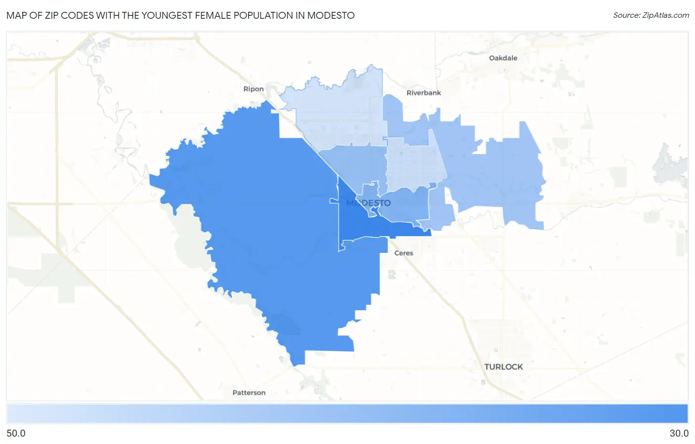 Zip Codes with the Youngest Female Population in Modesto Map