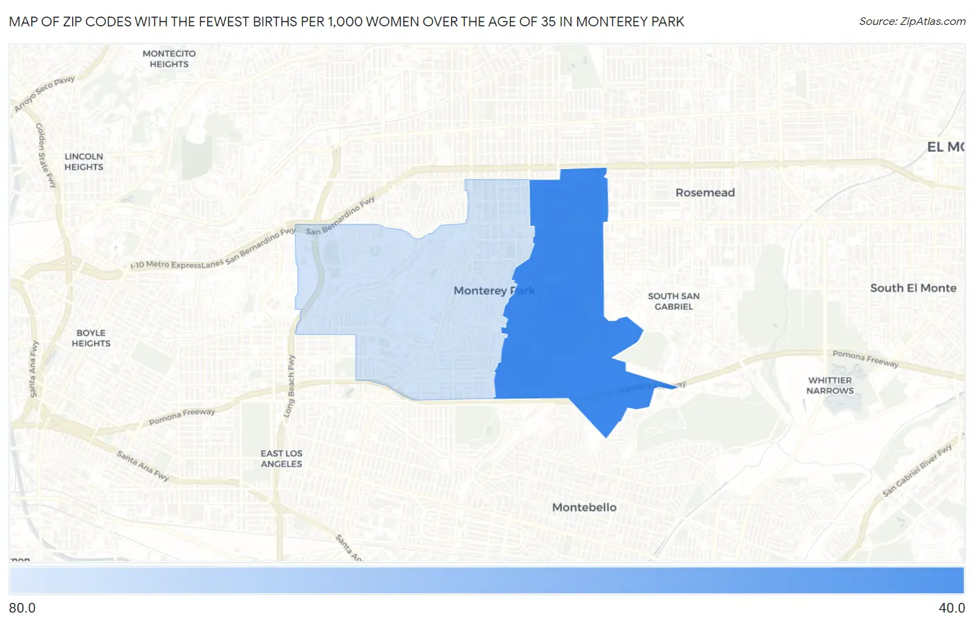 Zip Codes with the Fewest Births per 1,000 Women Over the Age of 35 in Monterey Park Map