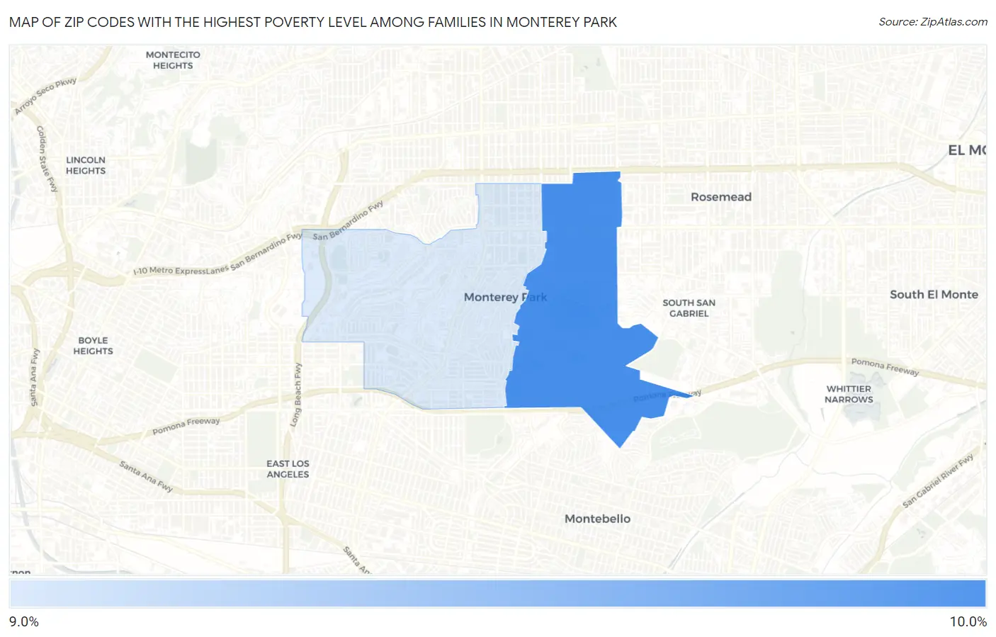 Zip Codes with the Highest Poverty Level Among Families in Monterey Park Map