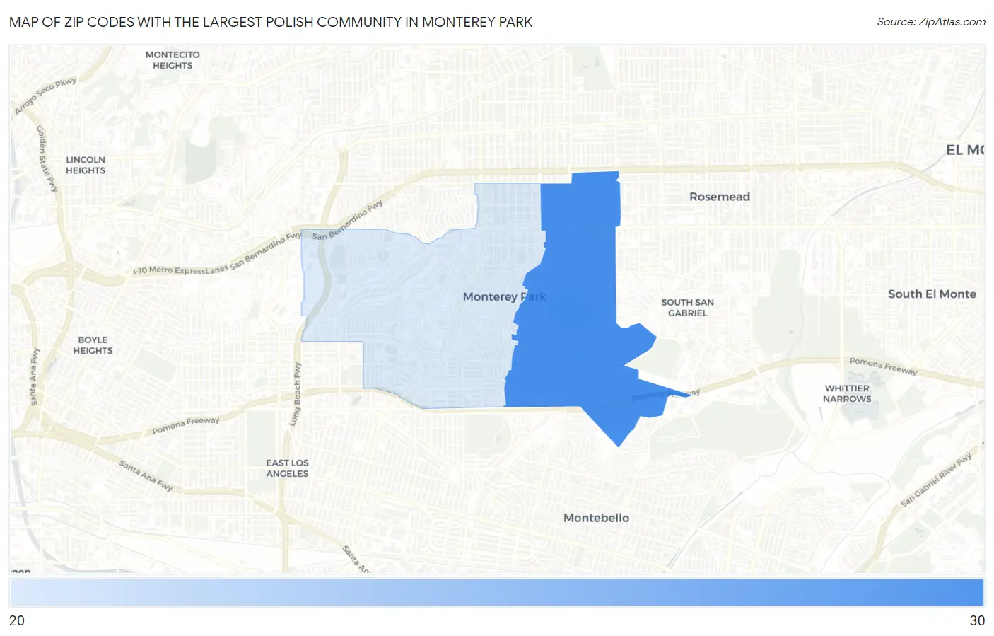 Zip Codes with the Largest Polish Community in Monterey Park Map