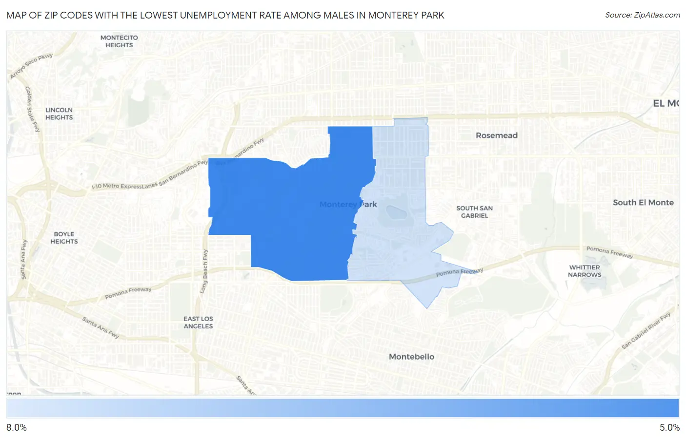 Zip Codes with the Lowest Unemployment Rate Among Males in Monterey Park Map