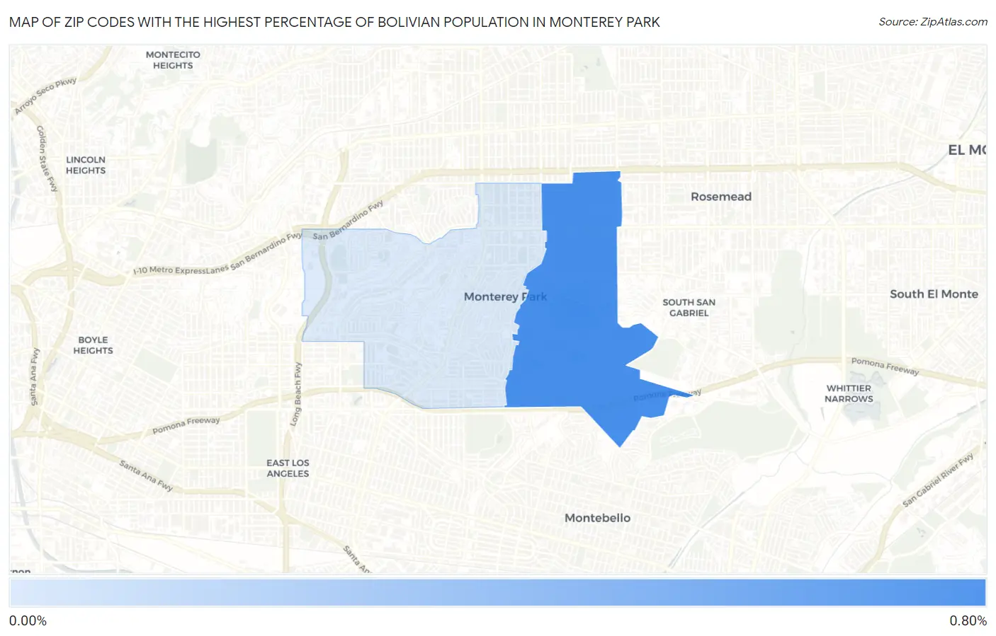 Zip Codes with the Highest Percentage of Bolivian Population in Monterey Park Map
