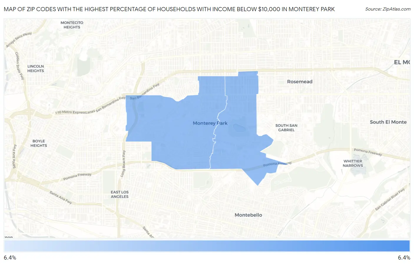 Zip Codes with the Highest Percentage of Households with Income Below $10,000 in Monterey Park Map
