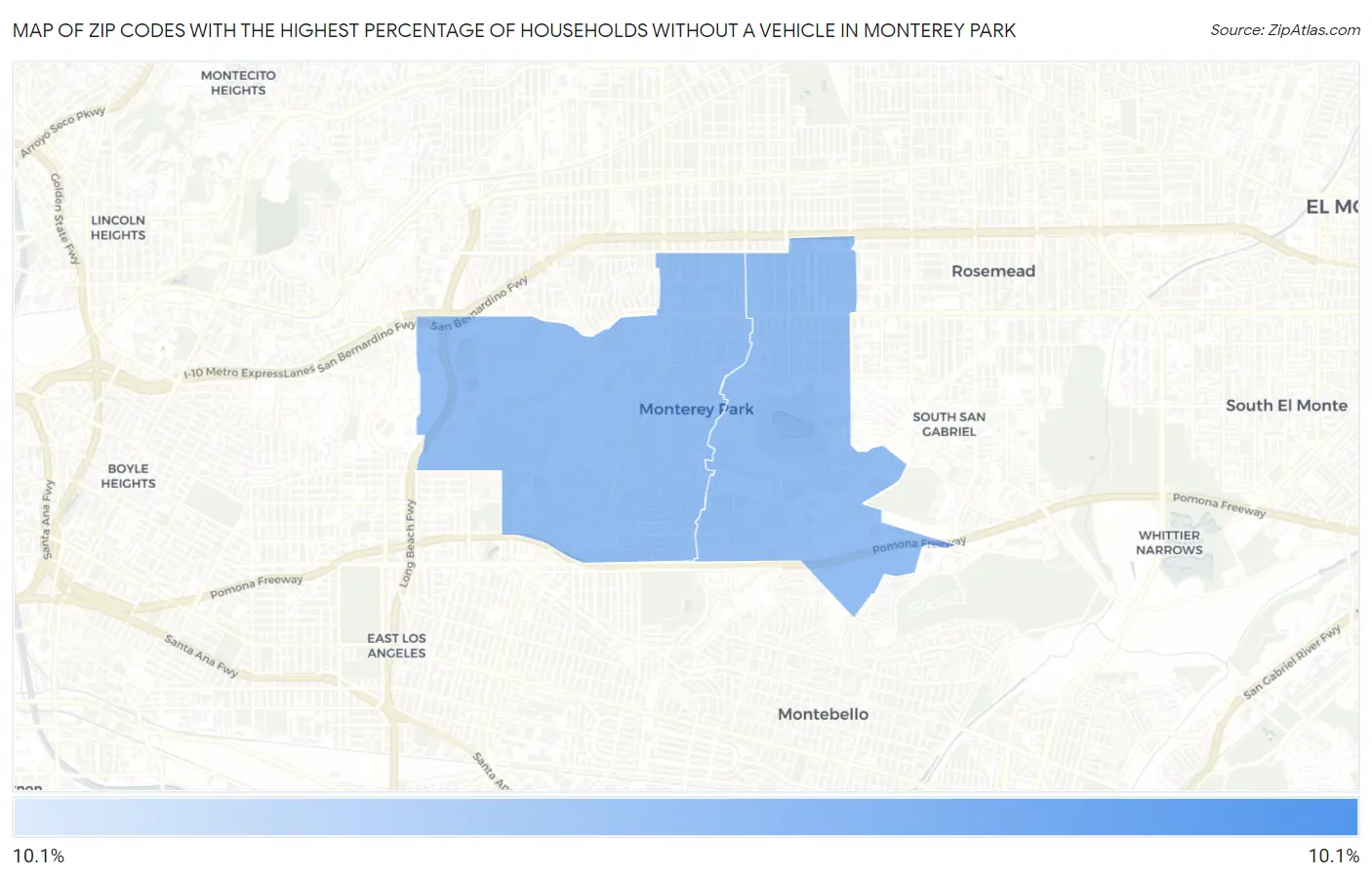 Zip Codes with the Highest Percentage of Households Without a Vehicle in Monterey Park Map