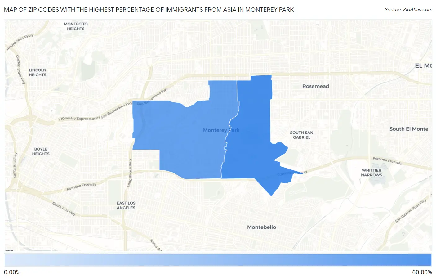 Zip Codes with the Highest Percentage of Immigrants from Asia in Monterey Park Map