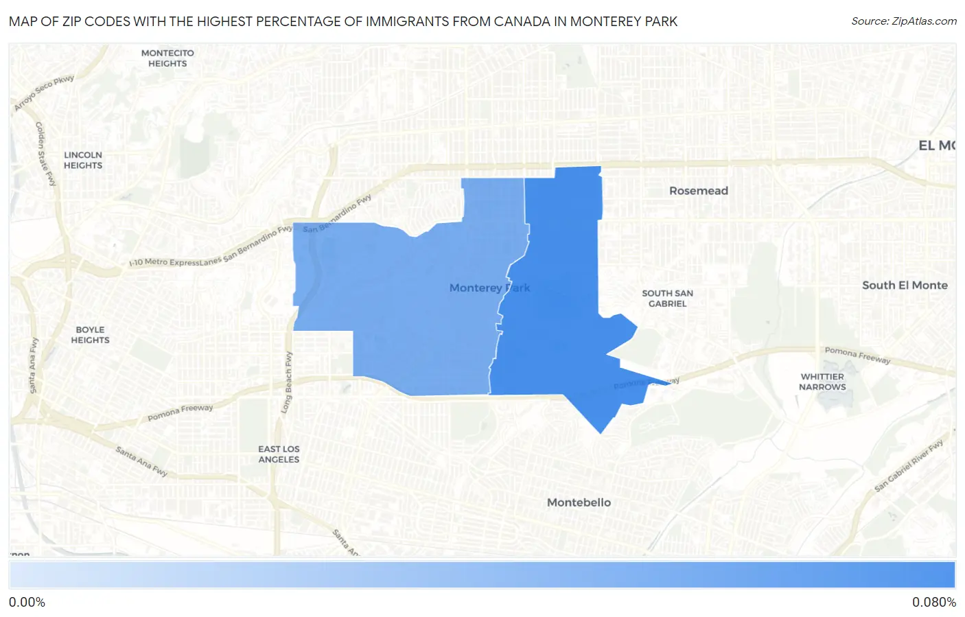 Zip Codes with the Highest Percentage of Immigrants from Canada in Monterey Park Map