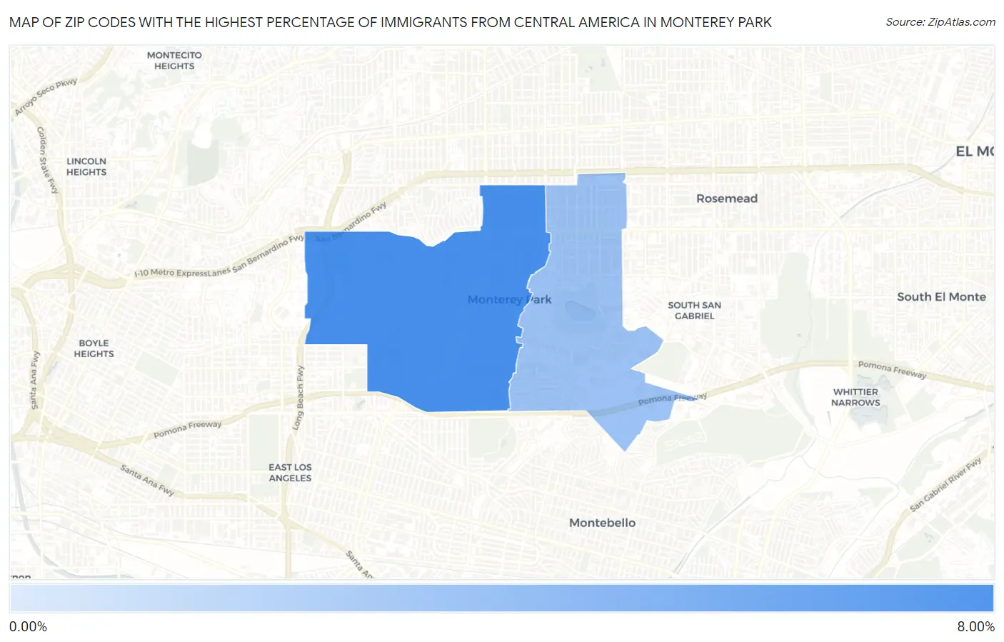 Zip Codes with the Highest Percentage of Immigrants from Central America in Monterey Park Map