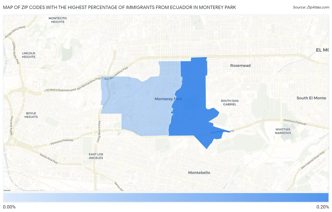 Zip Codes with the Highest Percentage of Immigrants from Ecuador in Monterey Park Map