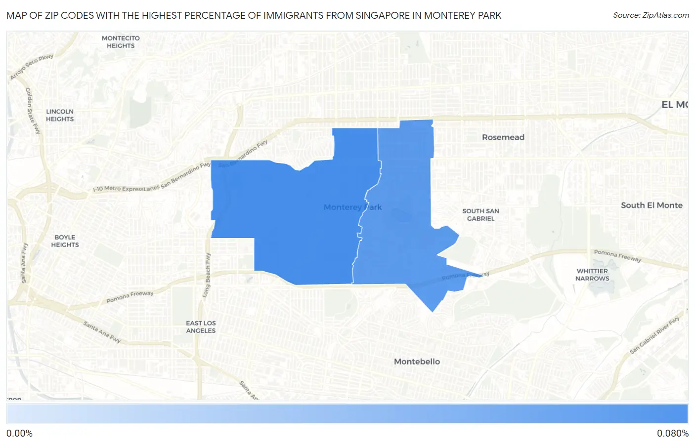 Zip Codes with the Highest Percentage of Immigrants from Singapore in Monterey Park Map
