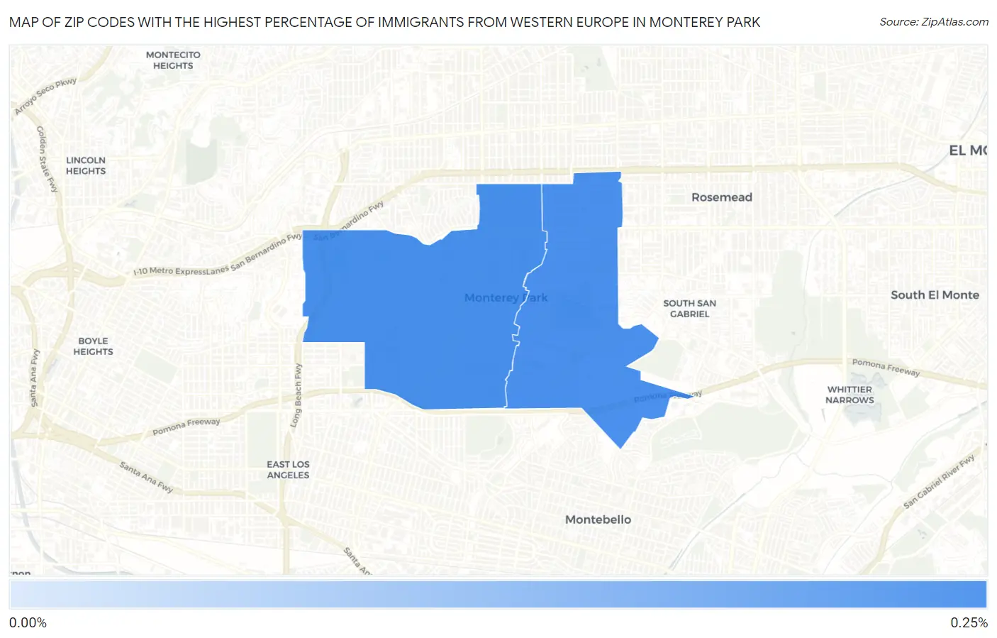Zip Codes with the Highest Percentage of Immigrants from Western Europe in Monterey Park Map