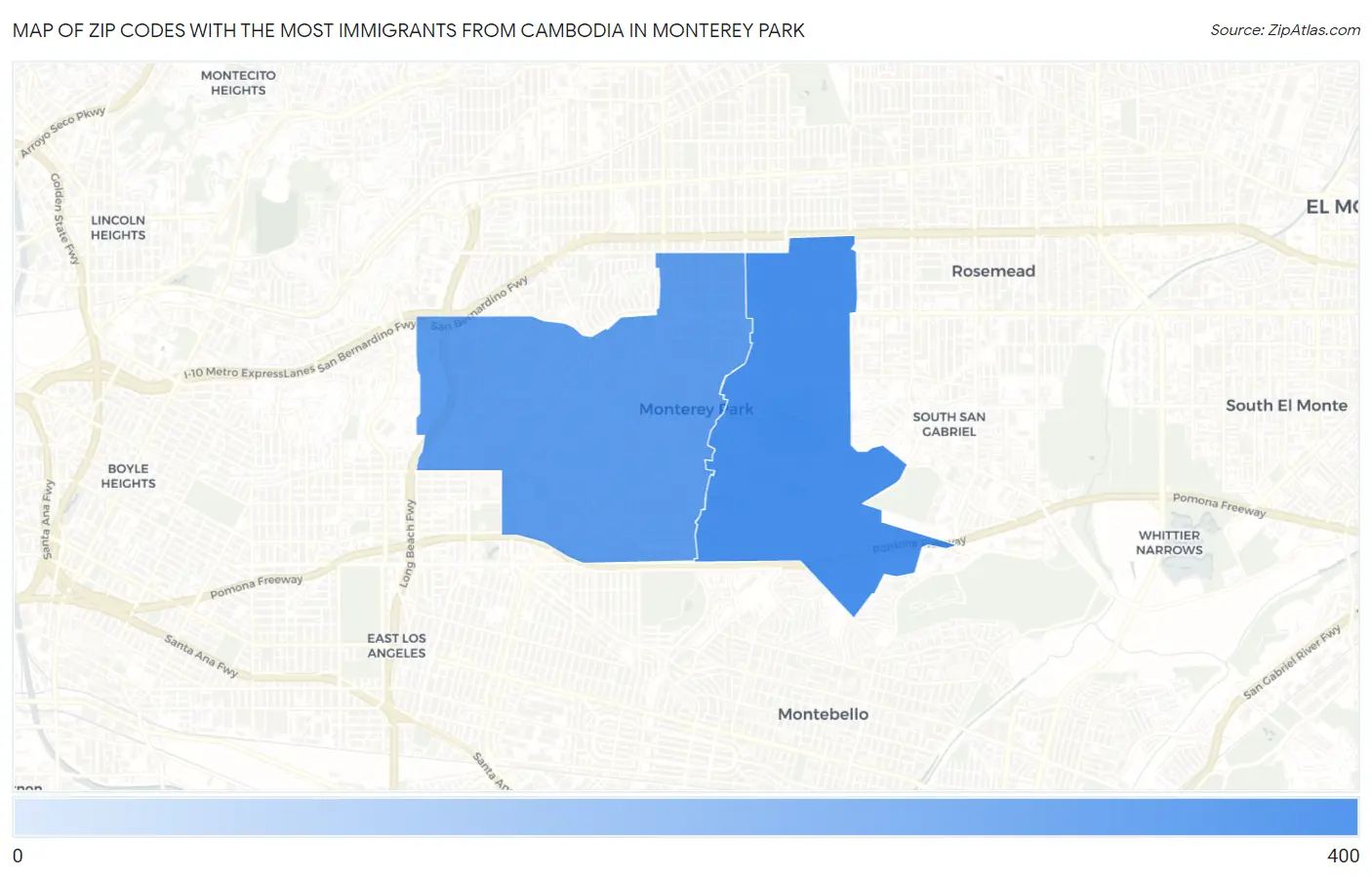 Zip Codes with the Most Immigrants from Cambodia in Monterey Park Map