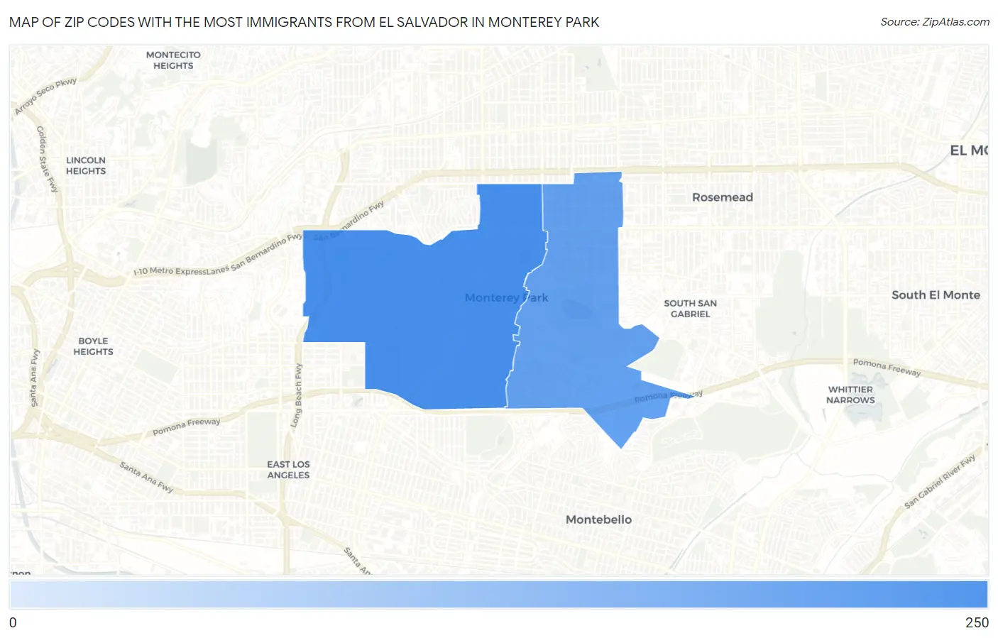 Zip Codes with the Most Immigrants from El Salvador in Monterey Park Map