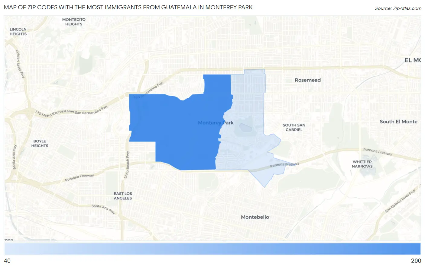 Zip Codes with the Most Immigrants from Guatemala in Monterey Park Map