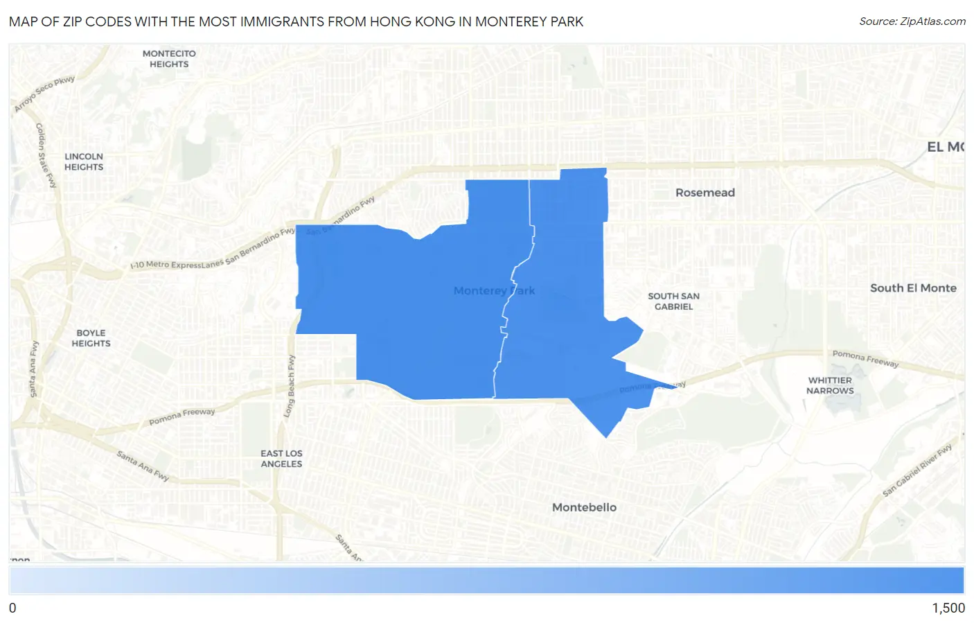 Zip Codes with the Most Immigrants from Hong Kong in Monterey Park Map