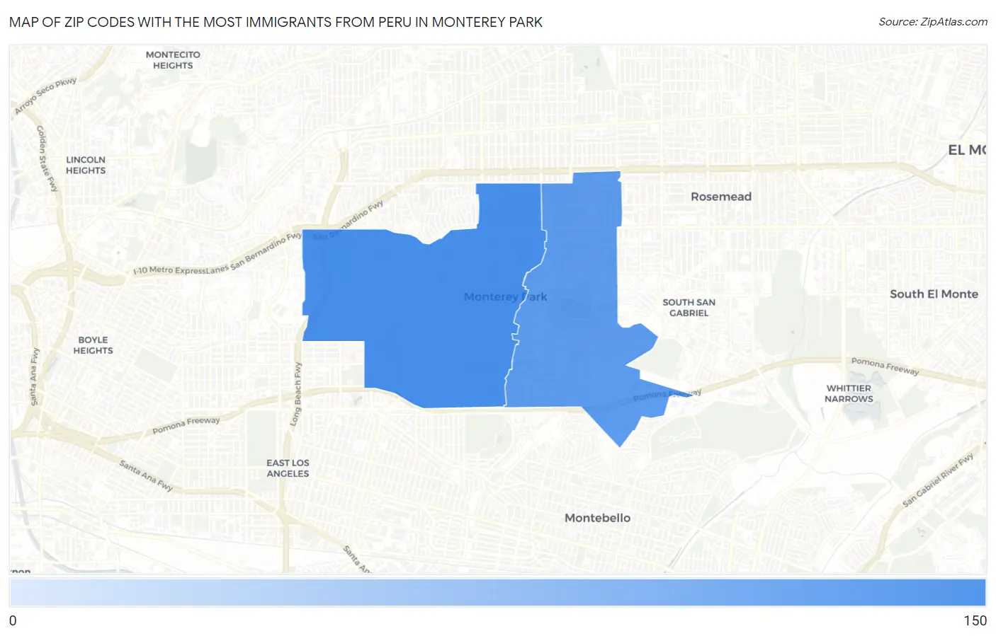 Zip Codes with the Most Immigrants from Peru in Monterey Park Map