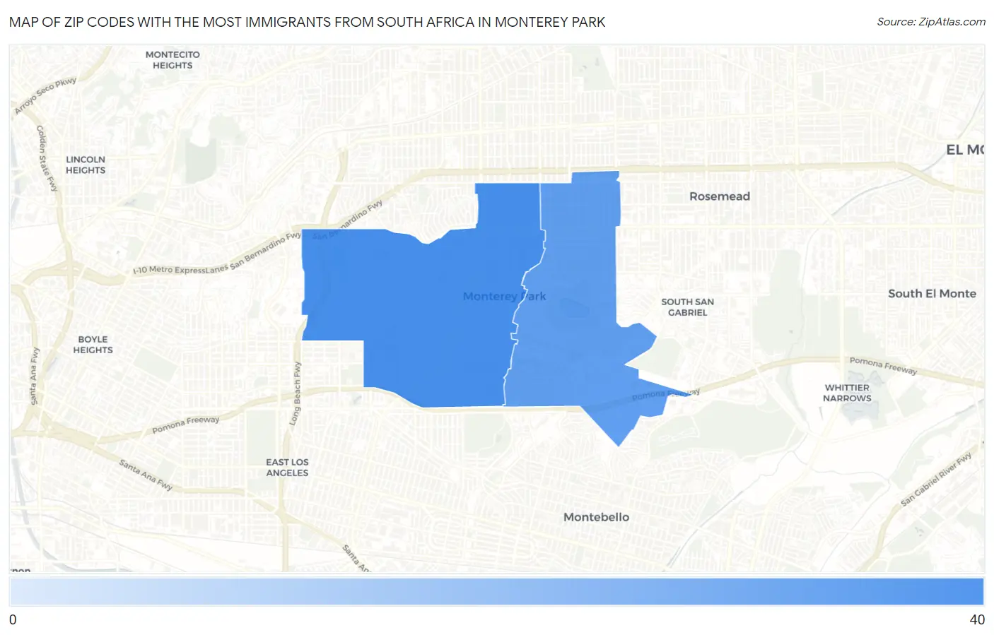 Zip Codes with the Most Immigrants from South Africa in Monterey Park Map