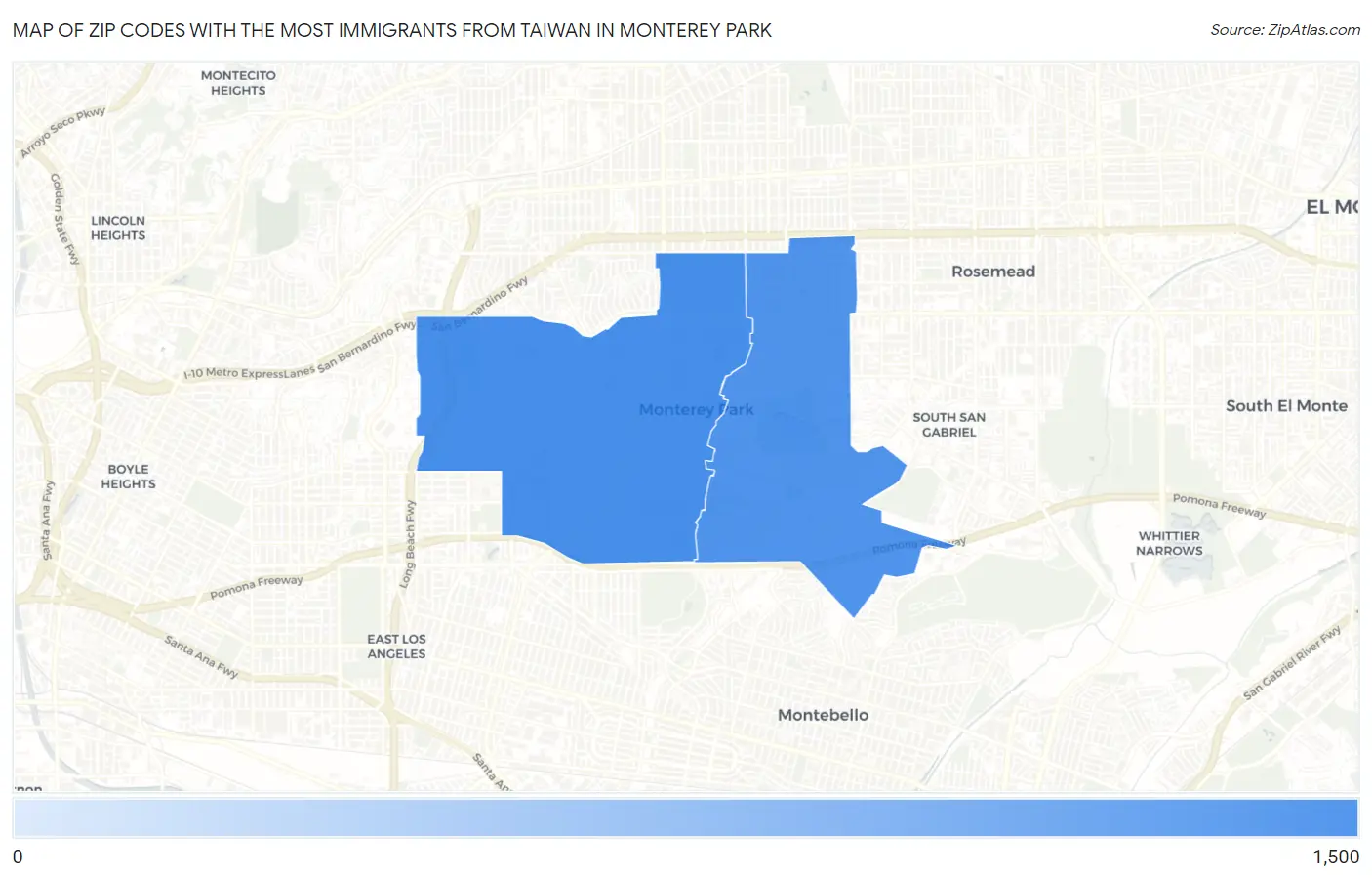 Zip Codes with the Most Immigrants from Taiwan in Monterey Park Map