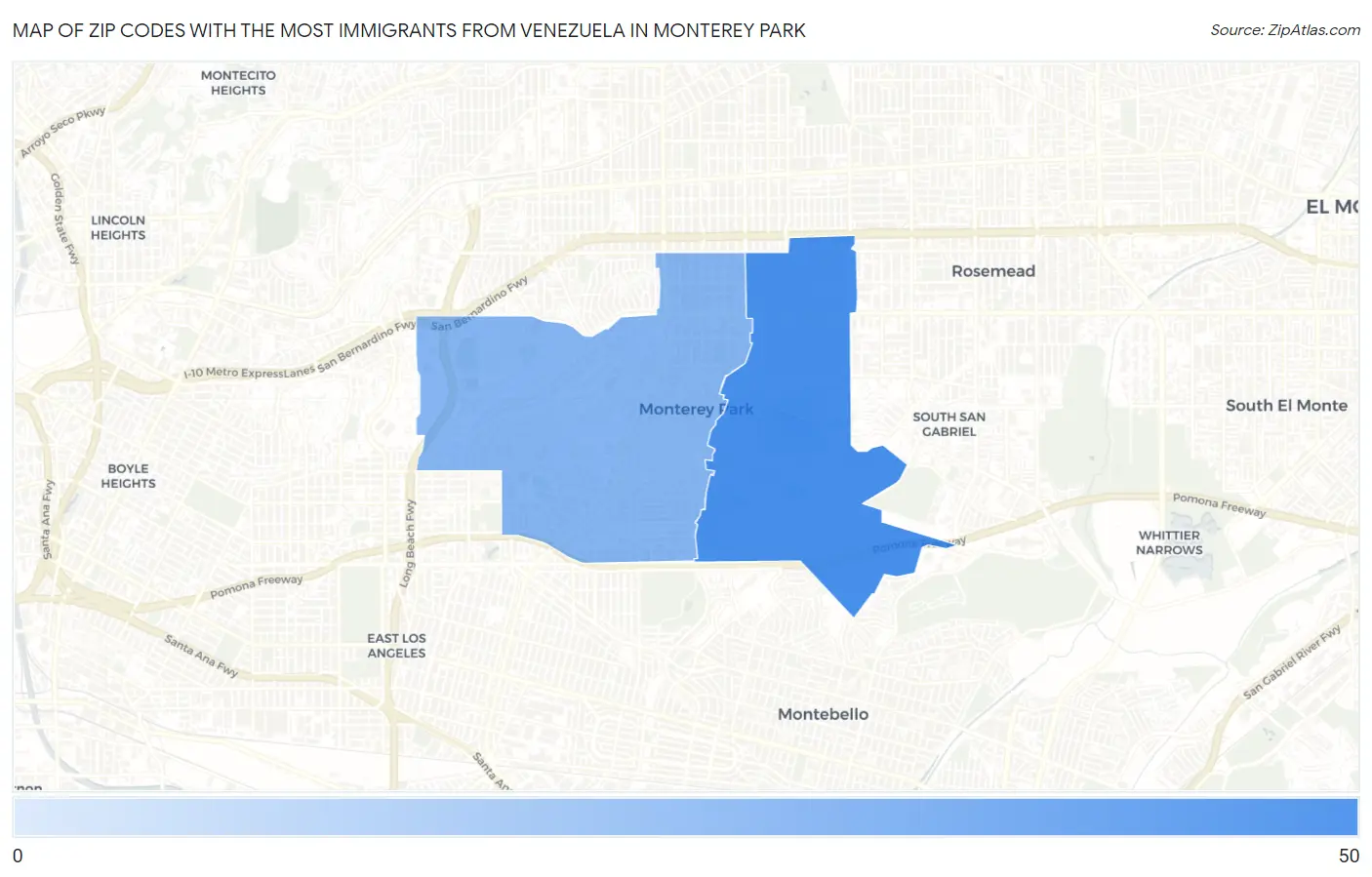 Zip Codes with the Most Immigrants from Venezuela in Monterey Park Map
