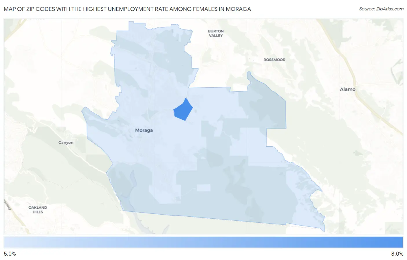 Zip Codes with the Highest Unemployment Rate Among Females in Moraga Map