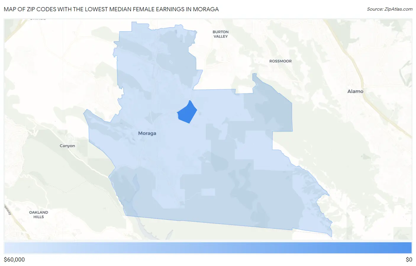 Zip Codes with the Lowest Median Female Earnings in Moraga Map