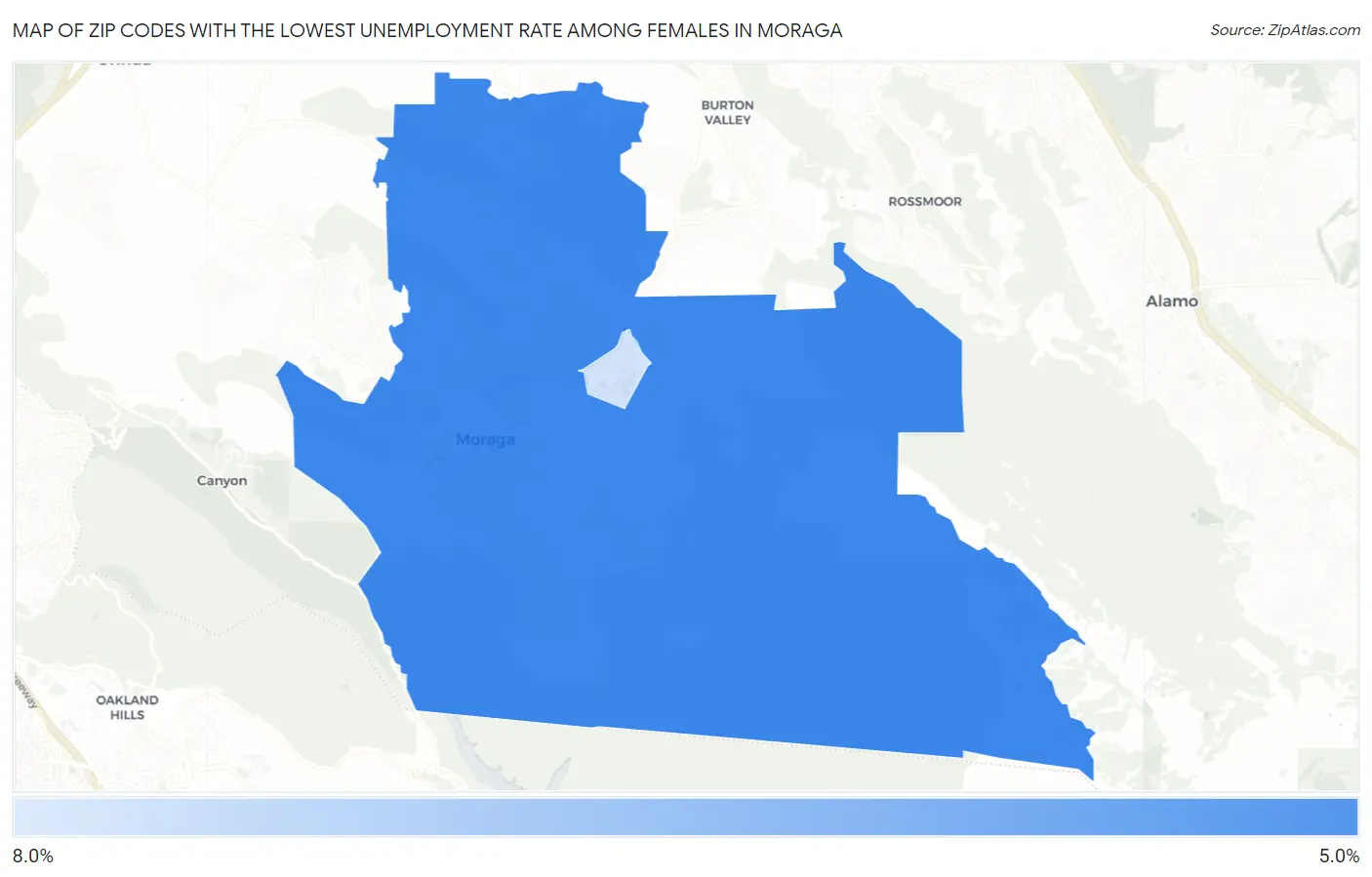Zip Codes with the Lowest Unemployment Rate Among Females in Moraga Map