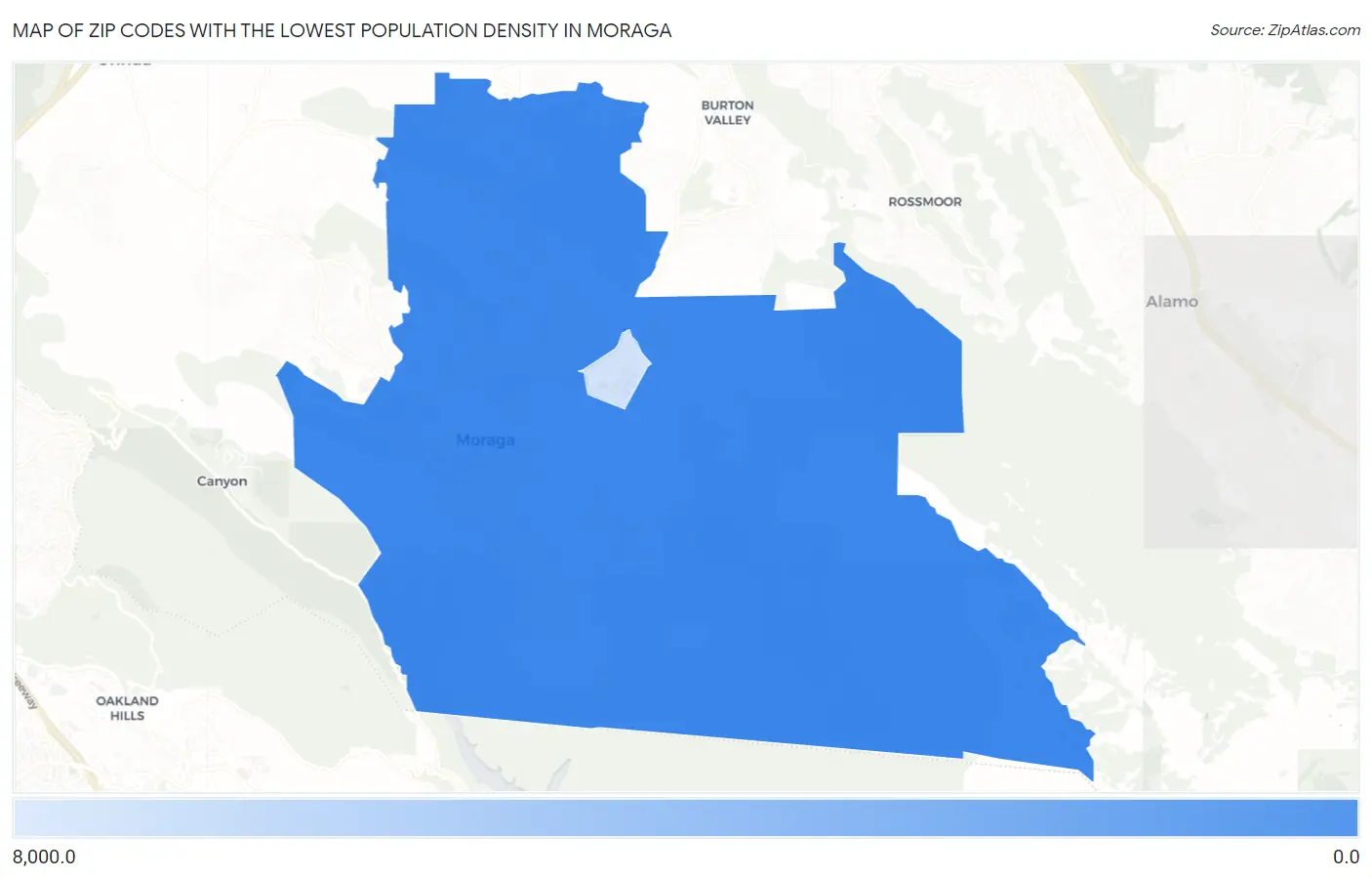 Zip Codes with the Lowest Population Density in Moraga Map
