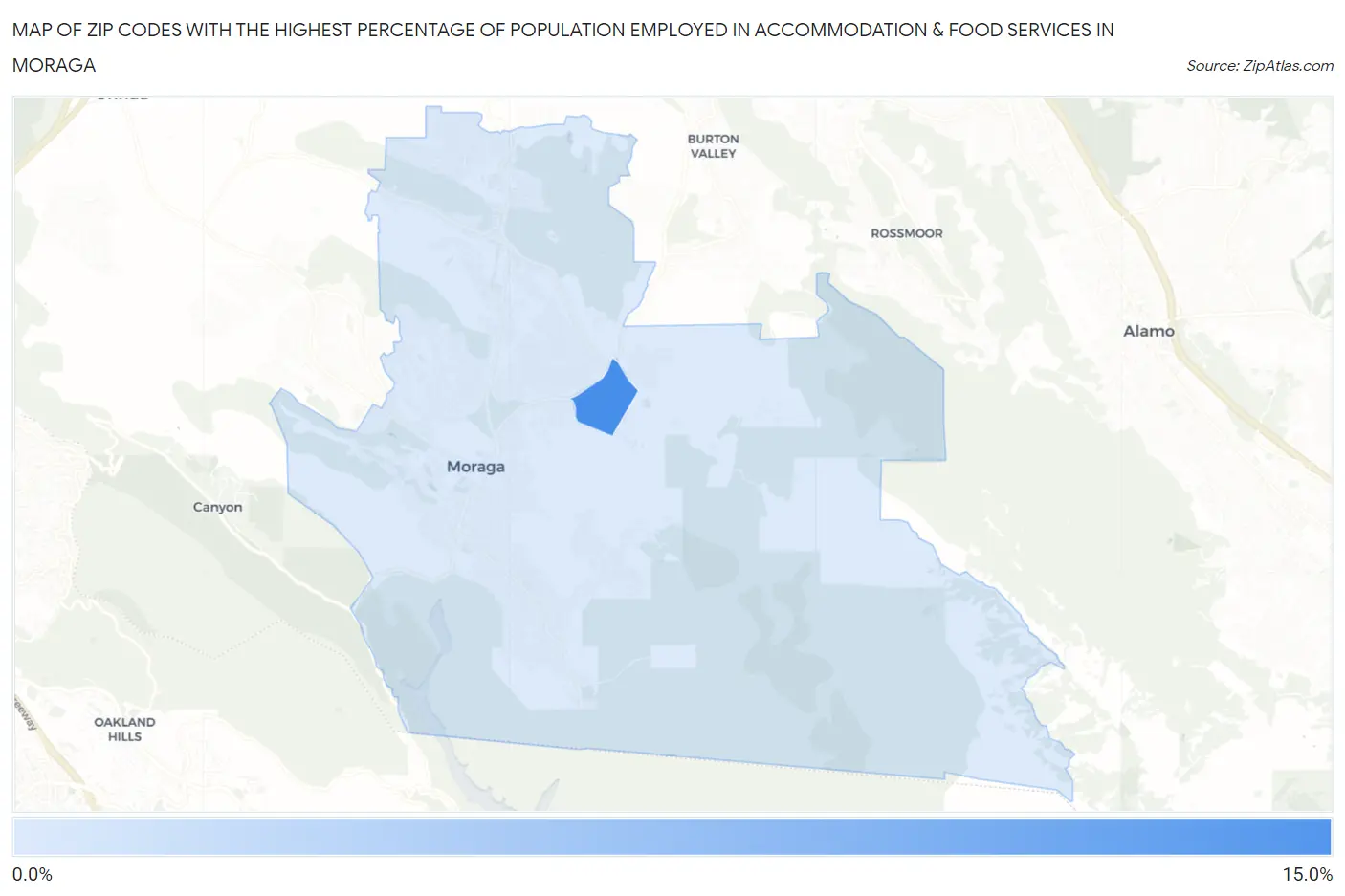 Zip Codes with the Highest Percentage of Population Employed in Accommodation & Food Services in Moraga Map