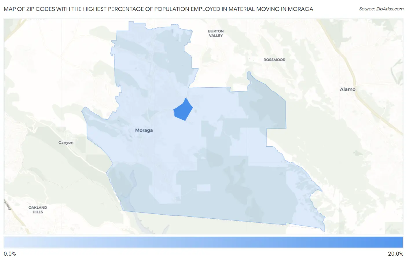 Zip Codes with the Highest Percentage of Population Employed in Material Moving in Moraga Map
