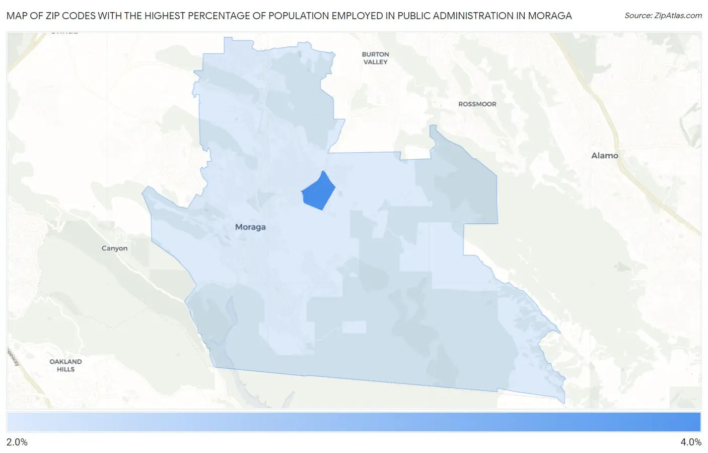 Zip Codes with the Highest Percentage of Population Employed in Public Administration in Moraga Map