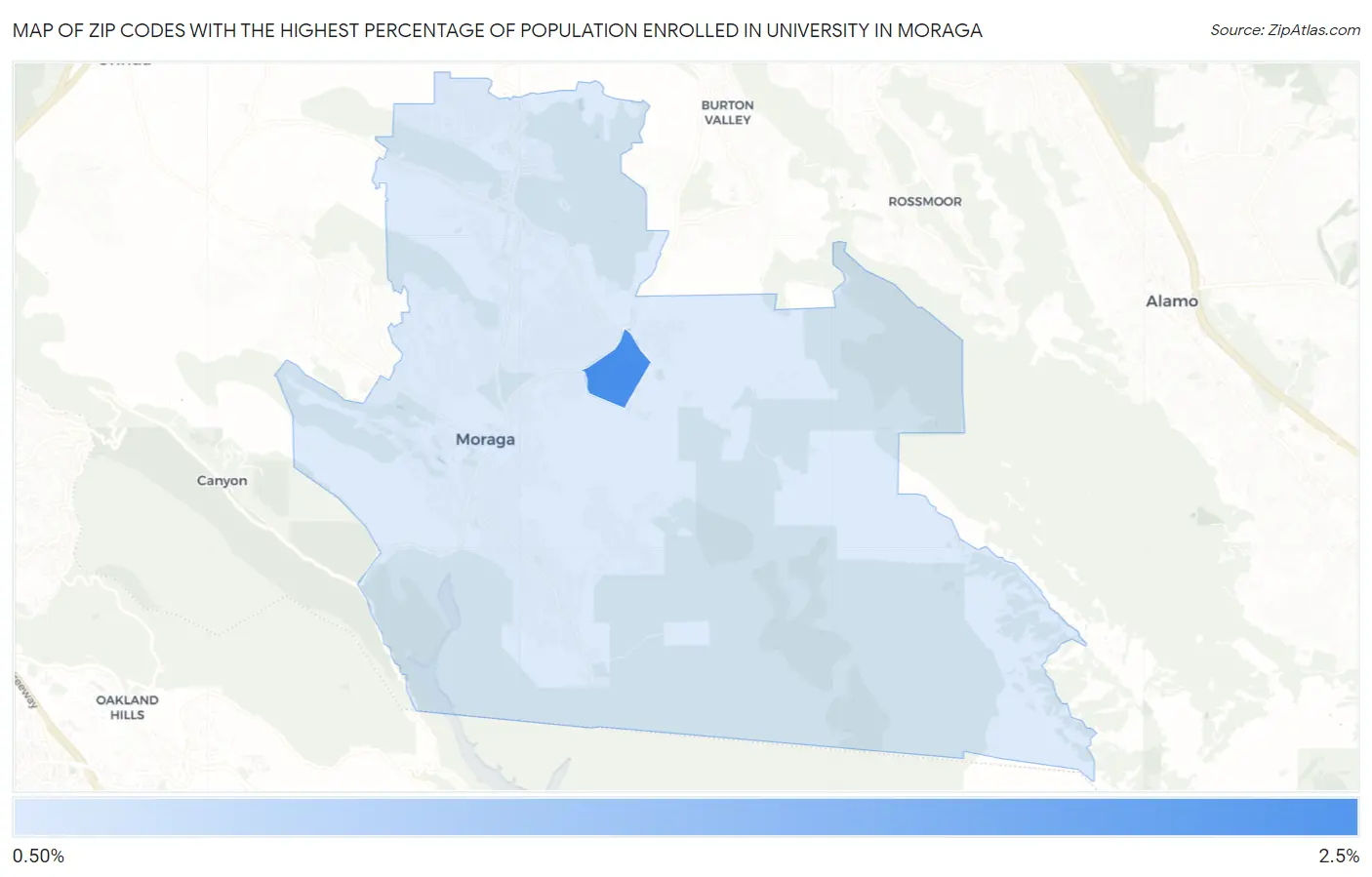 Zip Codes with the Highest Percentage of Population Enrolled in University in Moraga Map