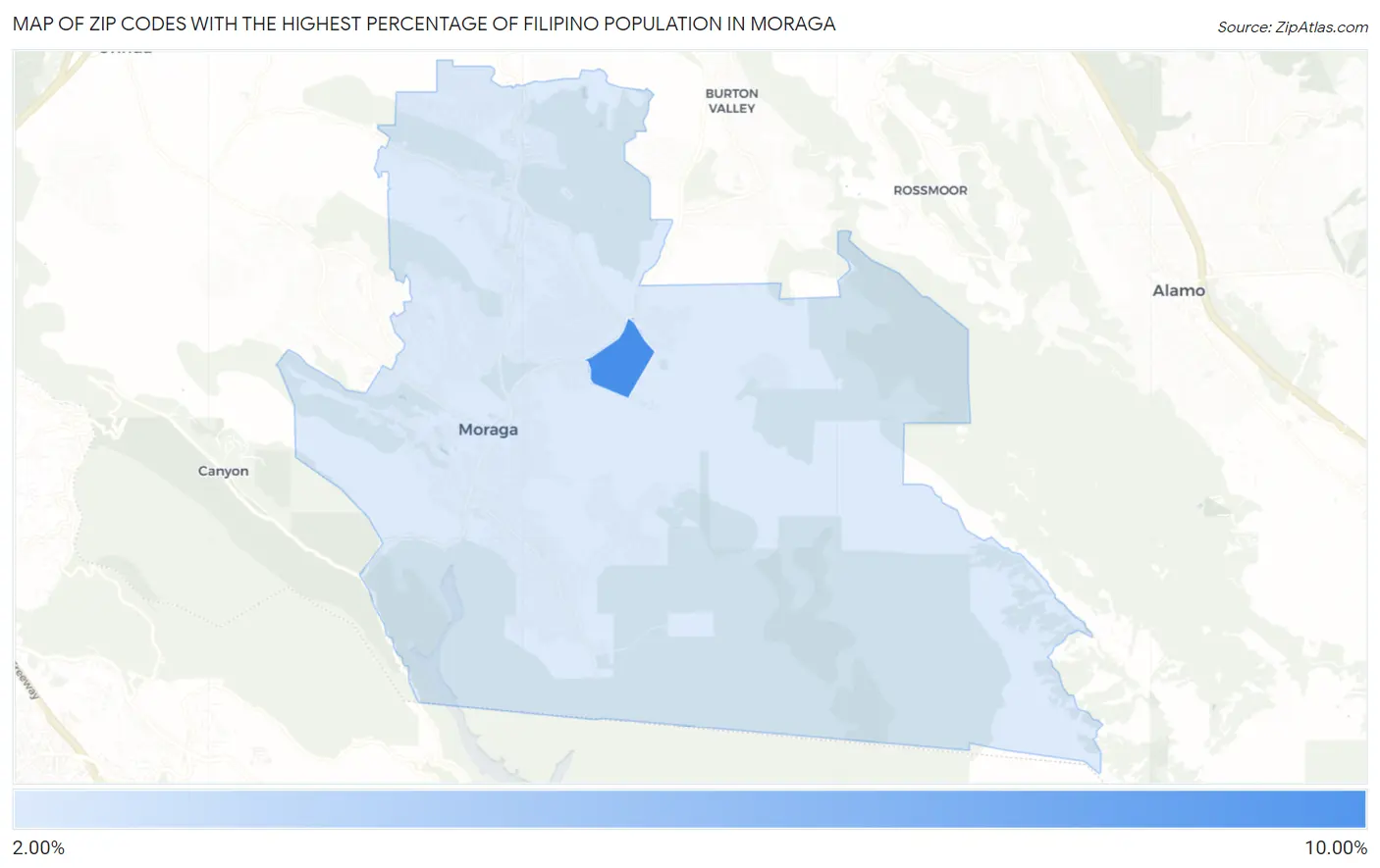 Zip Codes with the Highest Percentage of Filipino Population in Moraga Map