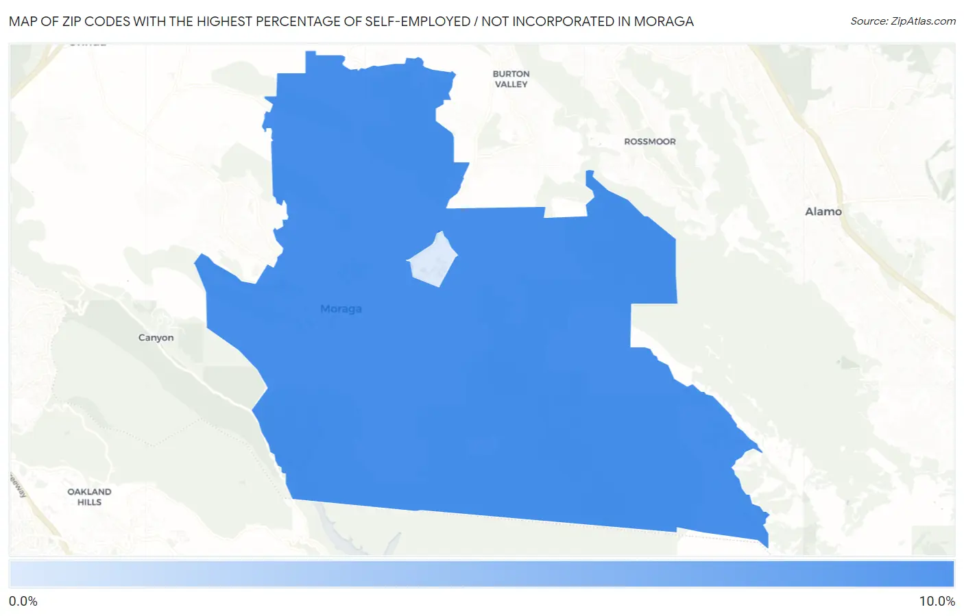 Zip Codes with the Highest Percentage of Self-Employed / Not Incorporated in Moraga Map
