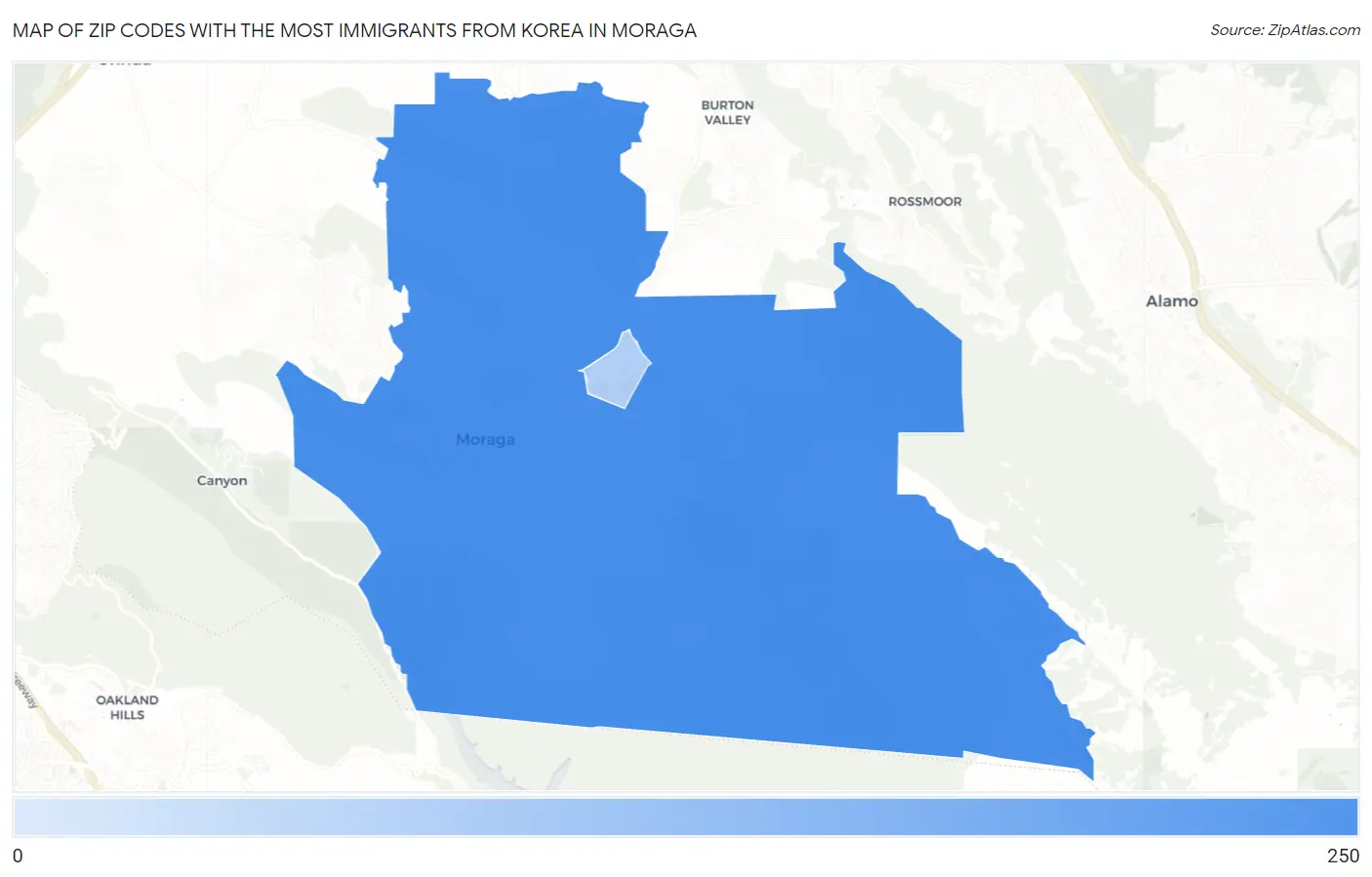 Zip Codes with the Most Immigrants from Korea in Moraga Map
