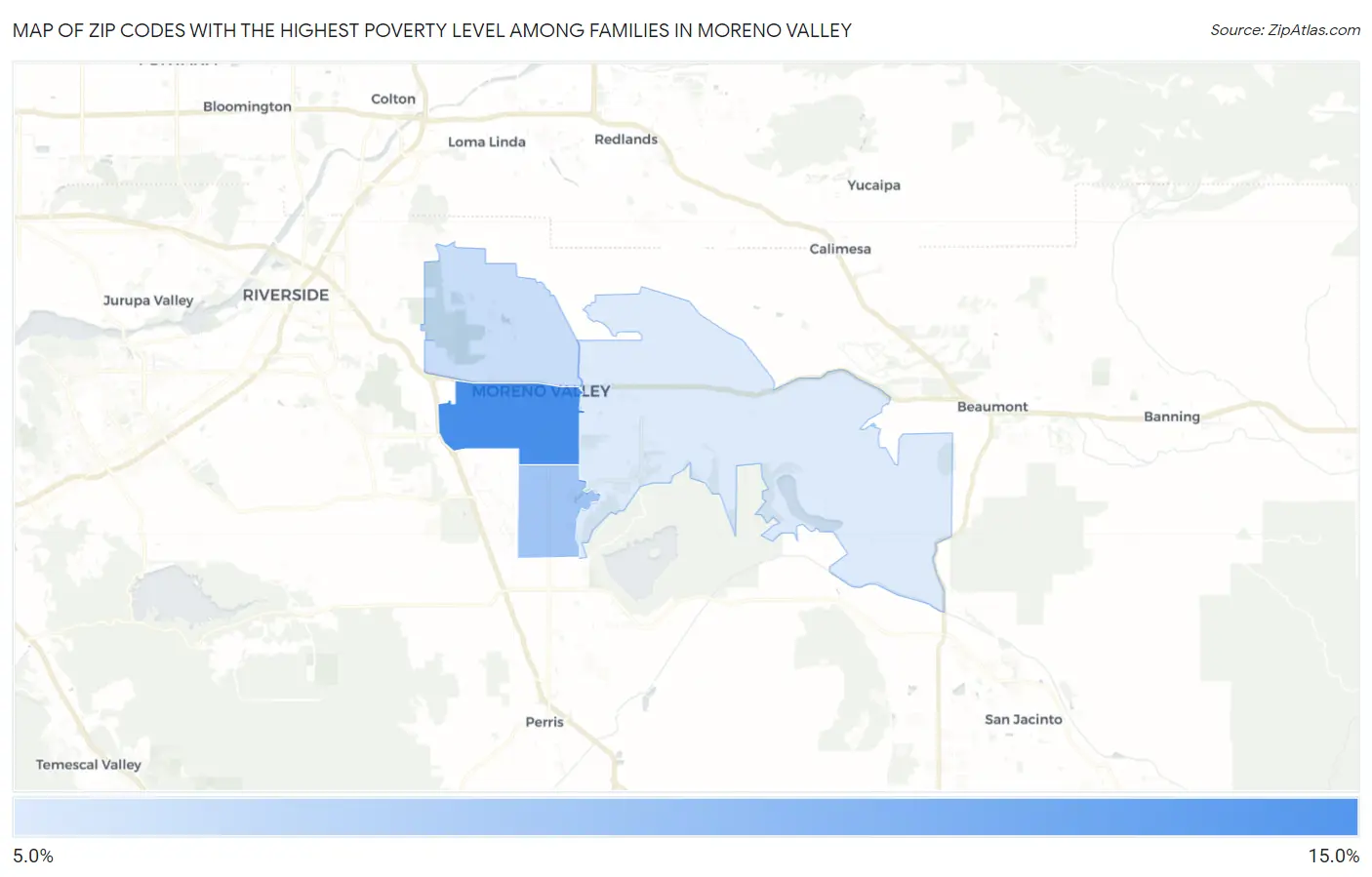 Zip Codes with the Highest Poverty Level Among Families in Moreno Valley Map