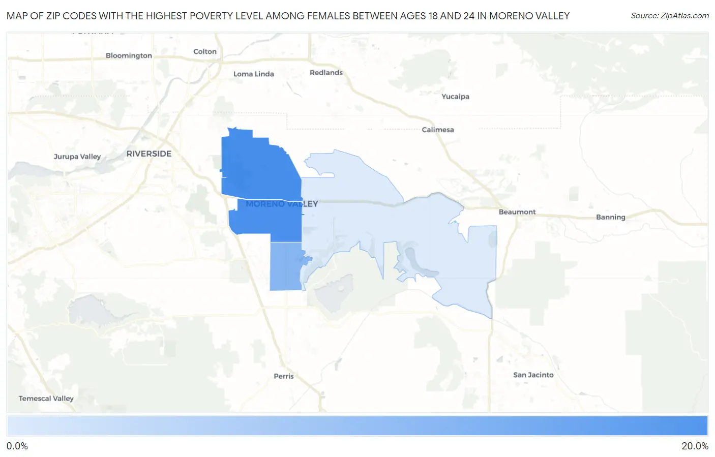 Zip Codes with the Highest Poverty Level Among Females Between Ages 18 and 24 in Moreno Valley Map