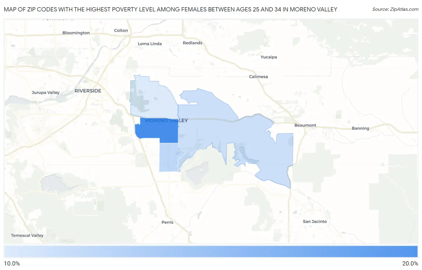 Zip Codes with the Highest Poverty Level Among Females Between Ages 25 and 34 in Moreno Valley Map