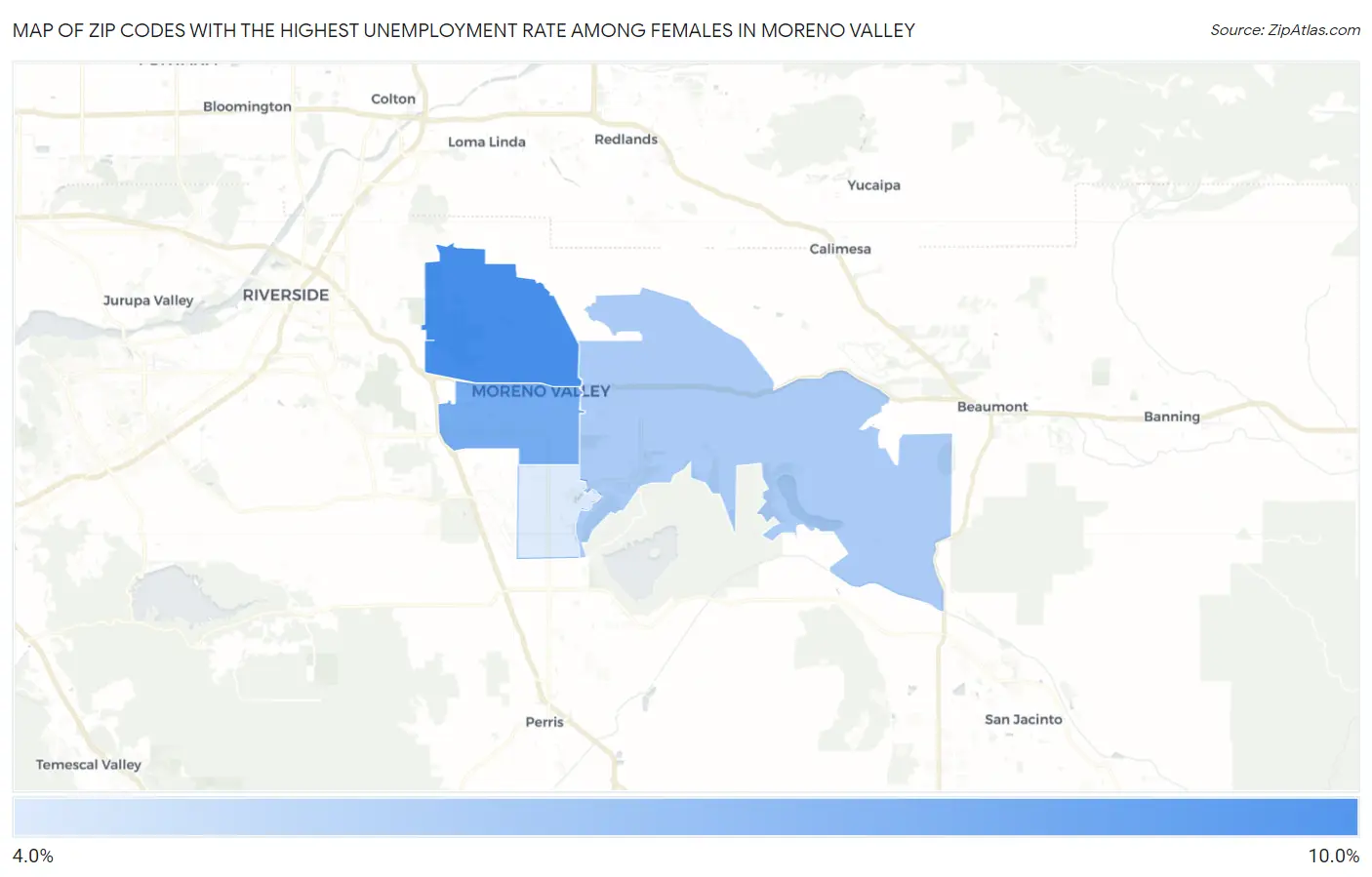 Zip Codes with the Highest Unemployment Rate Among Females in Moreno Valley Map