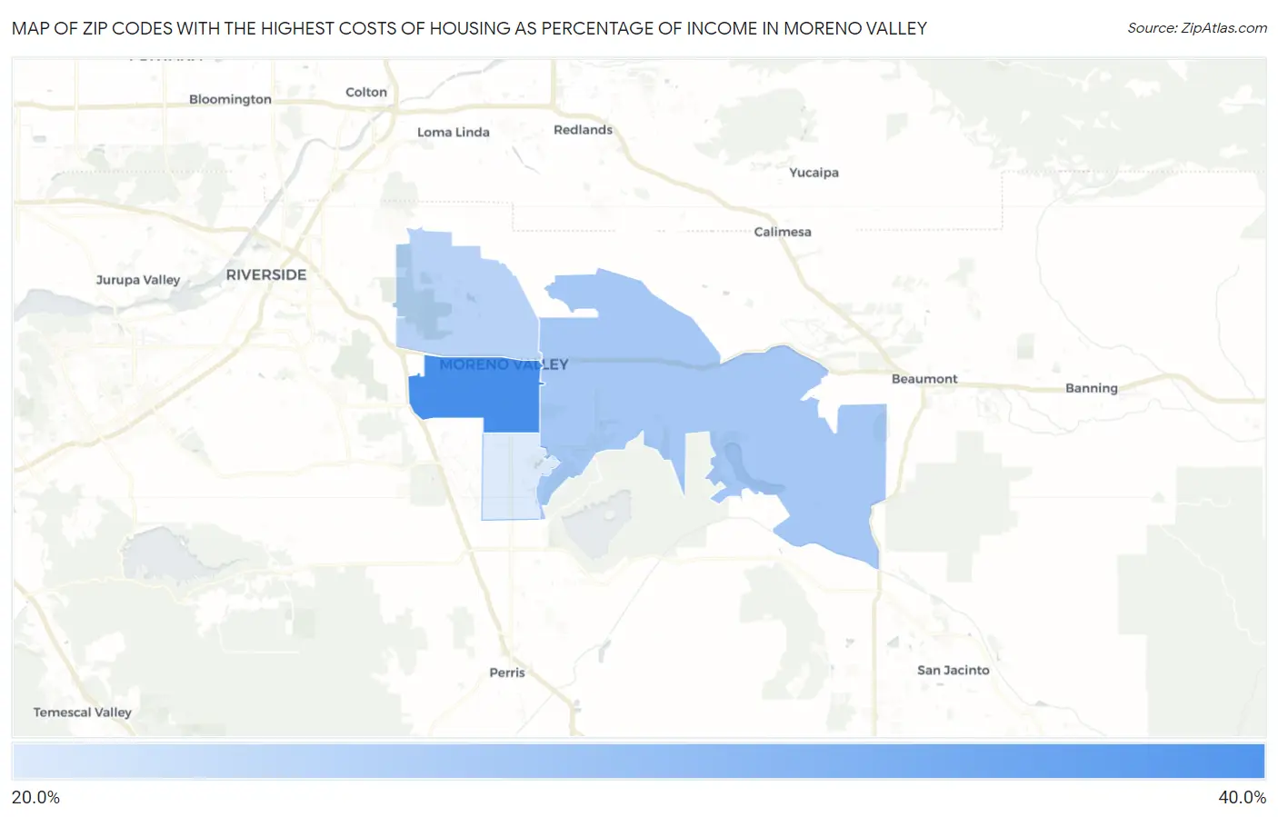 Zip Codes with the Highest Costs of Housing as Percentage of Income in Moreno Valley Map