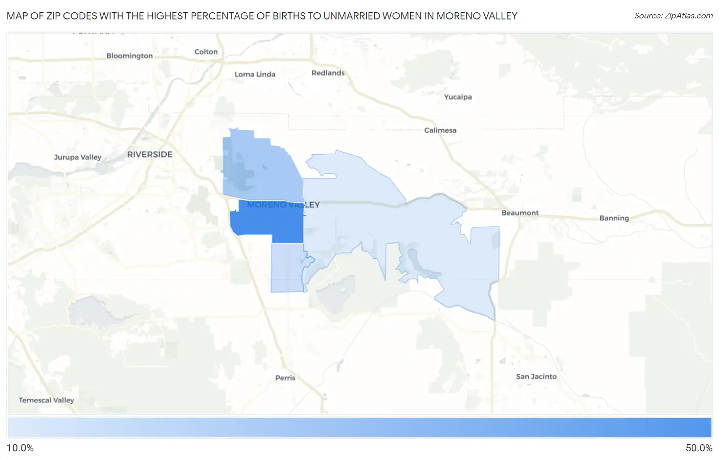 Zip Codes with the Highest Percentage of Births to Unmarried Women in Moreno Valley Map