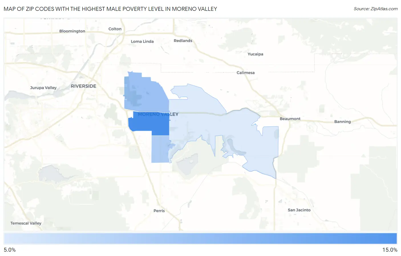 Zip Codes with the Highest Male Poverty Level in Moreno Valley Map