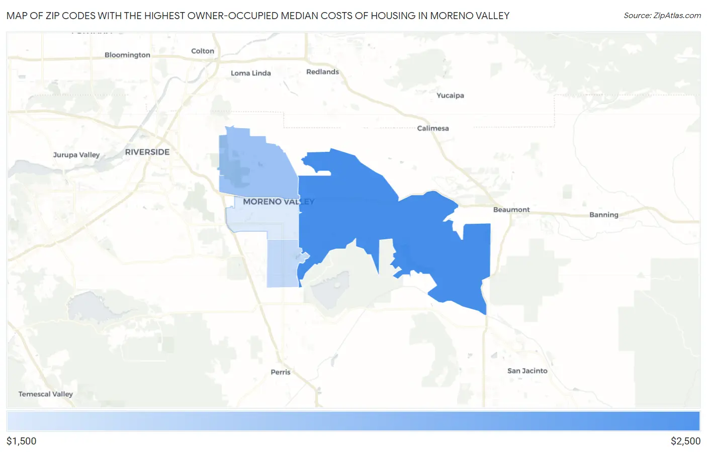 Zip Codes with the Highest Owner-Occupied Median Costs of Housing in Moreno Valley Map