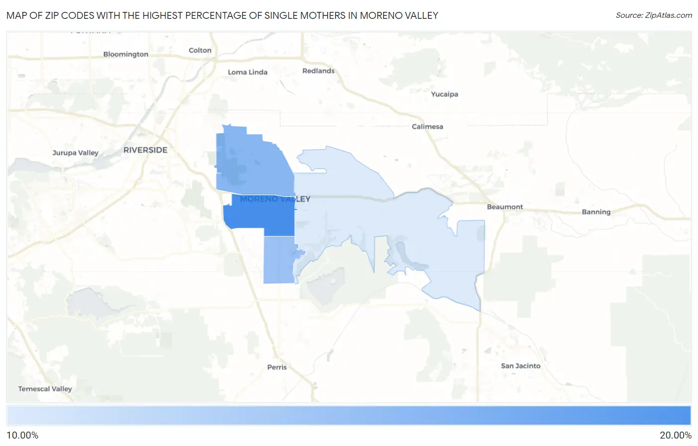 Zip Codes with the Highest Percentage of Single Mothers in Moreno Valley Map