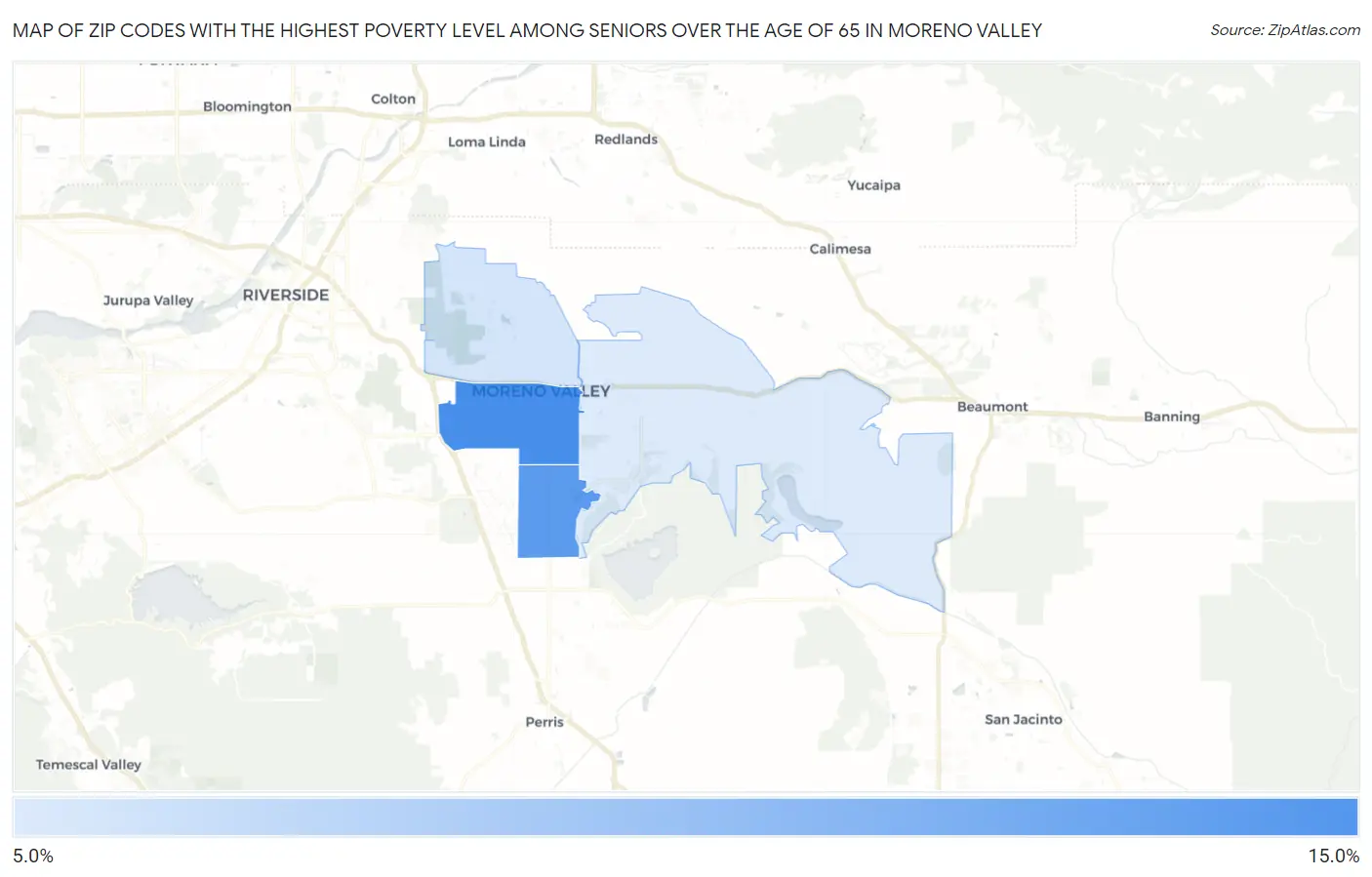 Zip Codes with the Highest Poverty Level Among Seniors Over the Age of 65 in Moreno Valley Map
