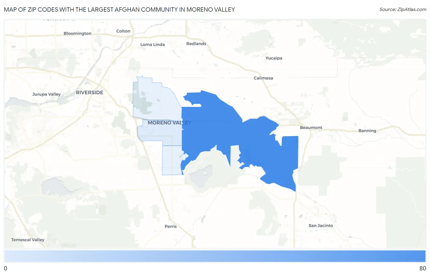 Zip Codes with the Largest Afghan Community in Moreno Valley Map