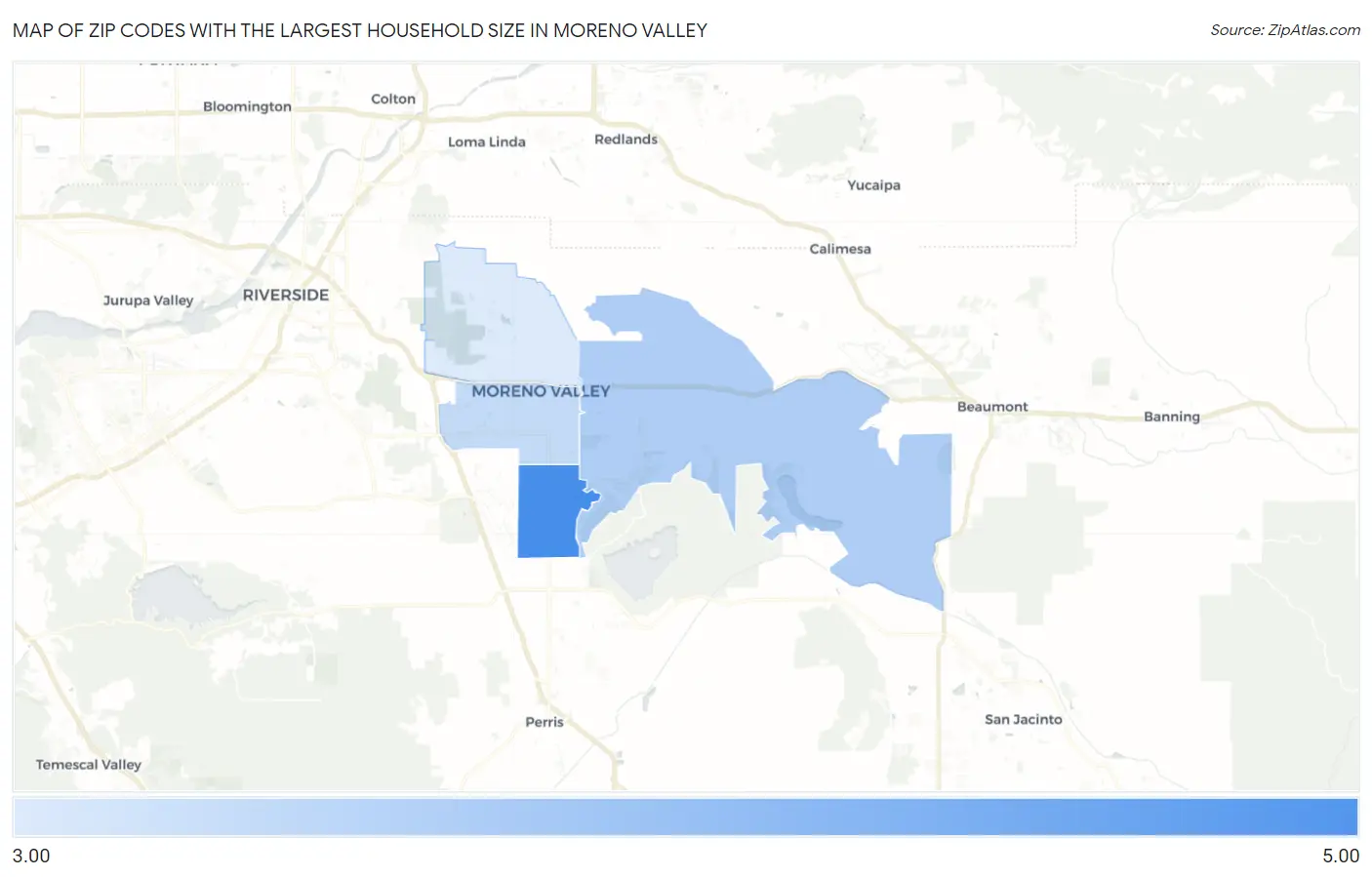 Zip Codes with the Largest Household Size in Moreno Valley Map