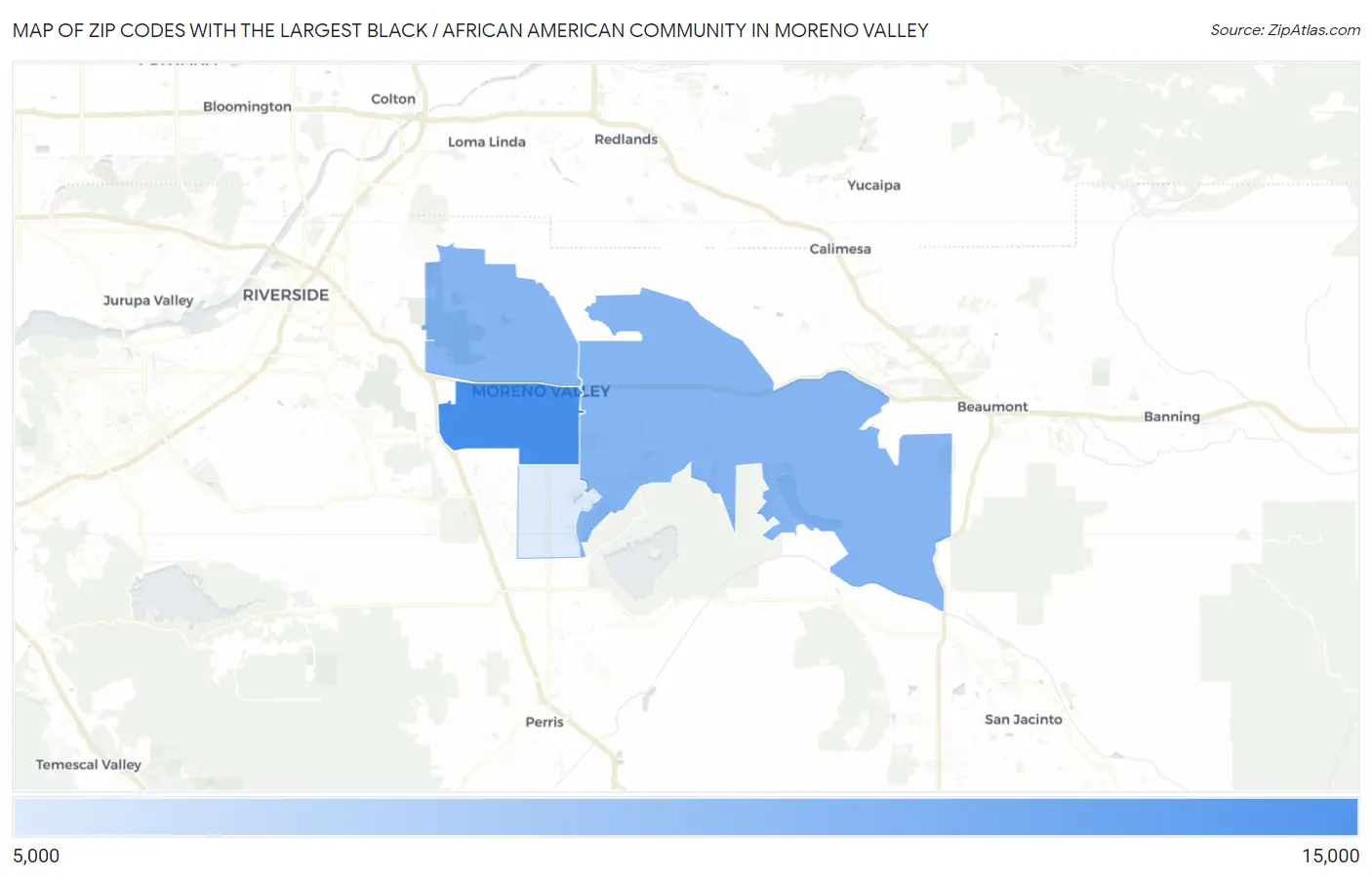 Zip Codes with the Largest Black / African American Community in Moreno Valley Map