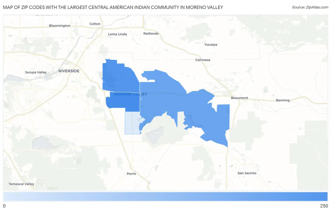 Zip Codes with the Largest Central American Indian Community in Moreno Valley Map