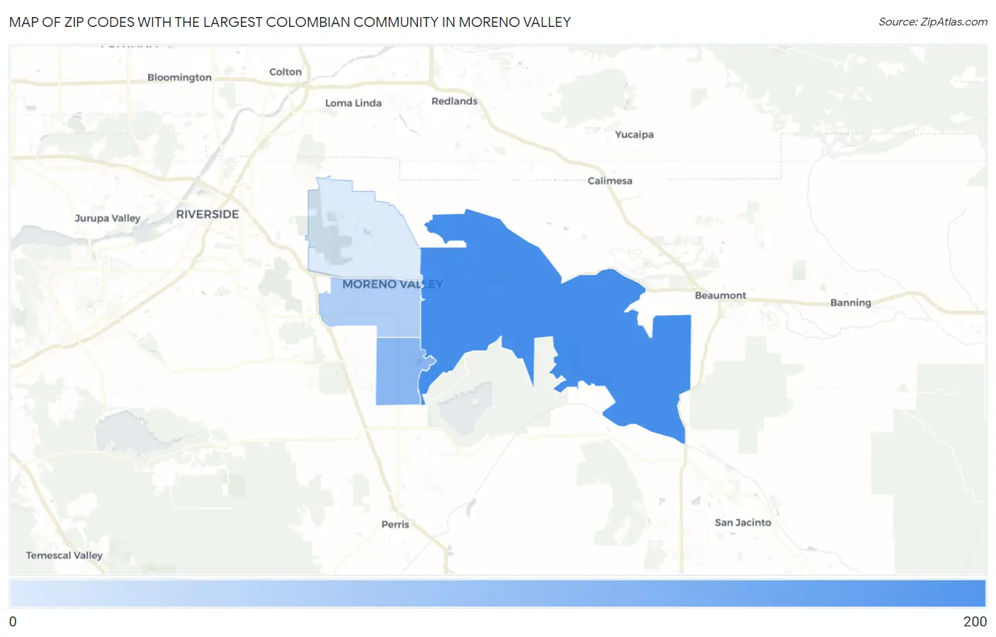 Zip Codes with the Largest Colombian Community in Moreno Valley Map